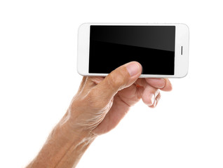 Old man holding smartphone on a white background