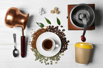 Coffee ingredients on wooden background, flat lay