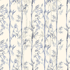 Hand-drawn watercolor seamless pattern with bamboo plant drawing. Repeated background with bamboo - 120070283