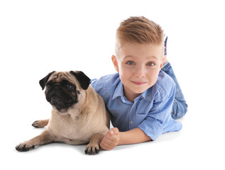 Cute boy with pug dog, isolated on white