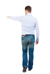 Back view of going Bearded businessman in white shirt and shows his hand away.