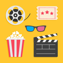 Obraz premium 3D glasses Movie reel Open clapper board Popcorn Ticket Cinema icon set. Flat design style. Yellow background.