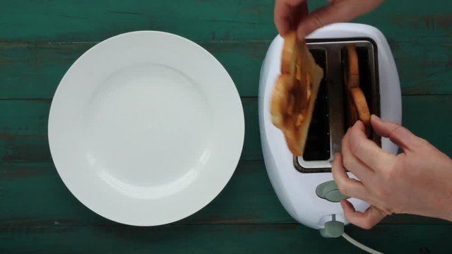 Woman choose out from two different slices of toast bread one with happy face and one with sad face. Woman lifestyle concept. copy space
