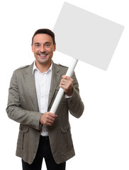 smiling man holding a blank banner