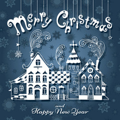 Little town in winter. Christmas card.