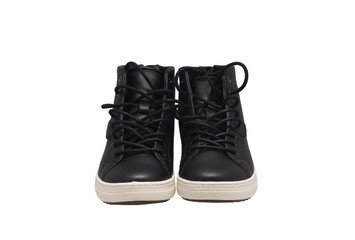 Black athletic shoes on a white sole.