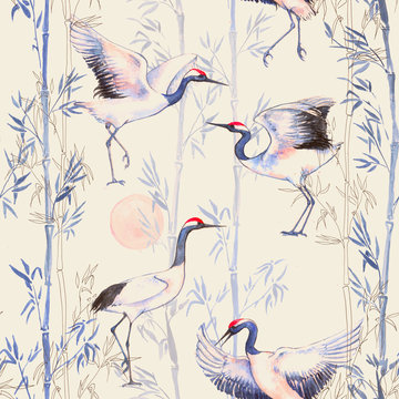 Hand-drawn watercolor seamless pattern with white Japanese dancing cranes. Repeated background with delicate birds and bamboo