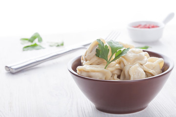 appetizing pelmeni in a brown bowl with sauce and spices