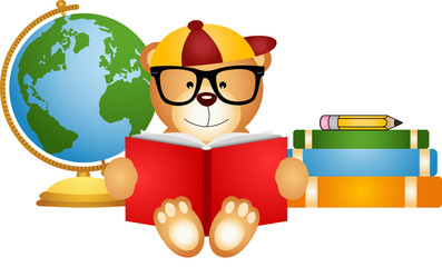 Teddy bear reading book with globe
