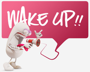 3d cartoon character screaming "wake up", 3d rendering