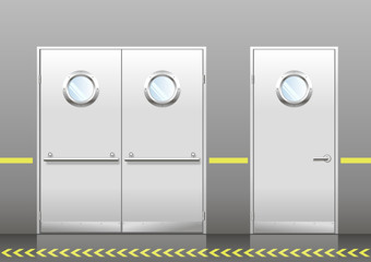 Fototapeta premium A set of technical laboratory door, hospitals, schools, food production or storage facilities with round windows. A double and a single door in vector graphics. Doors dark gray color on the wall