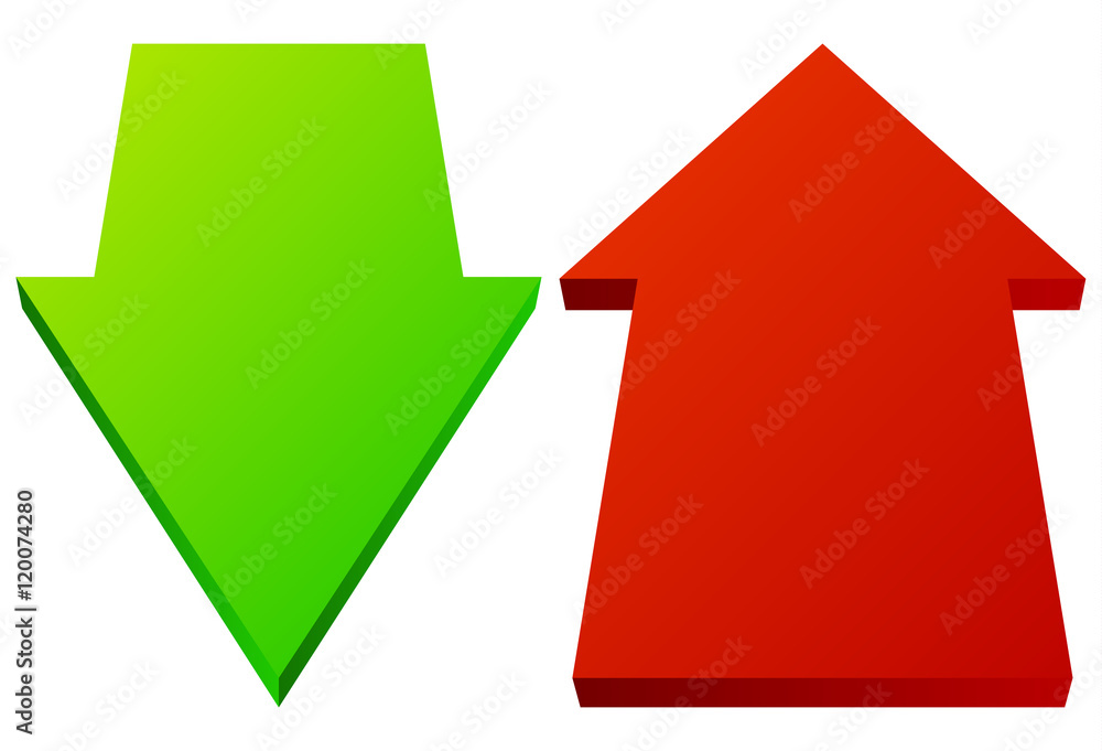 Poster set of 3d up down arrows in perspective. green, red arrows.