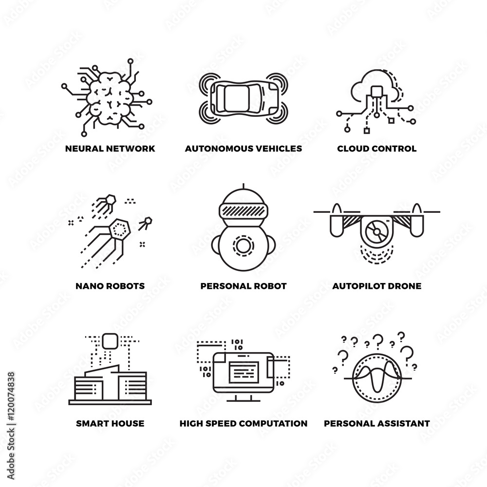 Poster artificial intelligence ai robot vector thin line icons