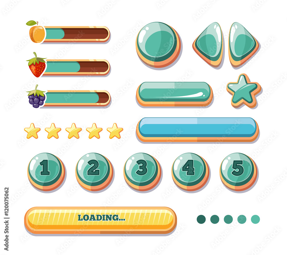 Poster progress bars, buttons, boosters, icons for computer games user interface. vector collection
