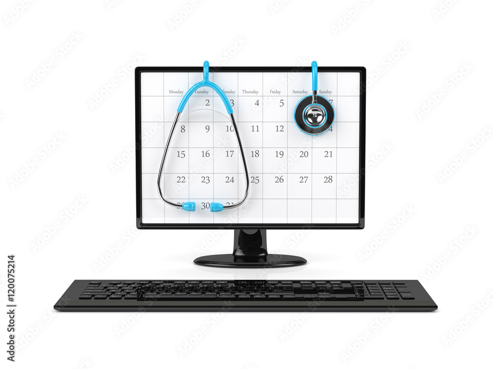 Fototapete 3d rendering of computer monitor with calendar and stethoscope