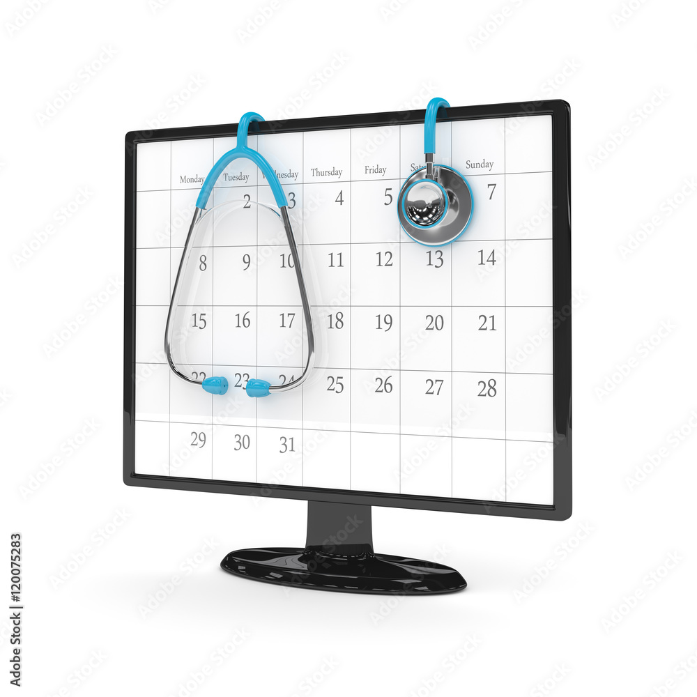 Poster 3d rendering of computer monitor with calendar and stethoscope