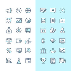 Set of blue and white business icons isolated on light background.