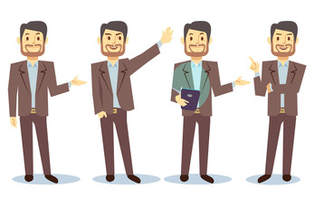 Businessman cartoon character in different poses for business presentation vector set