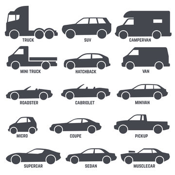 Car automobile types black vector icons isolated on white