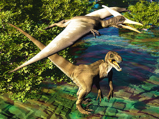 Velociraptor and pterodactyl 3d rendering © satori