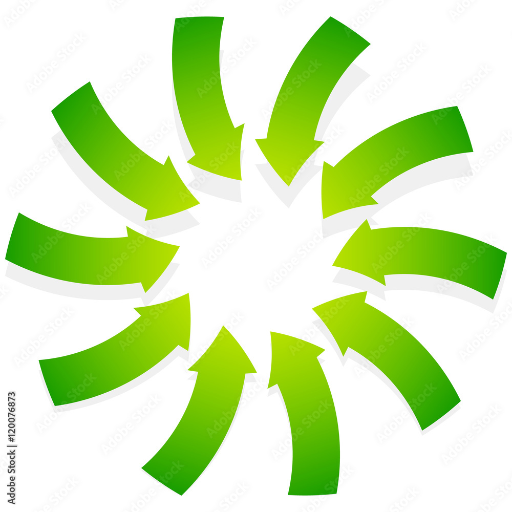 Poster Rotating green arrows point inwards / inside. Abstract shape wit