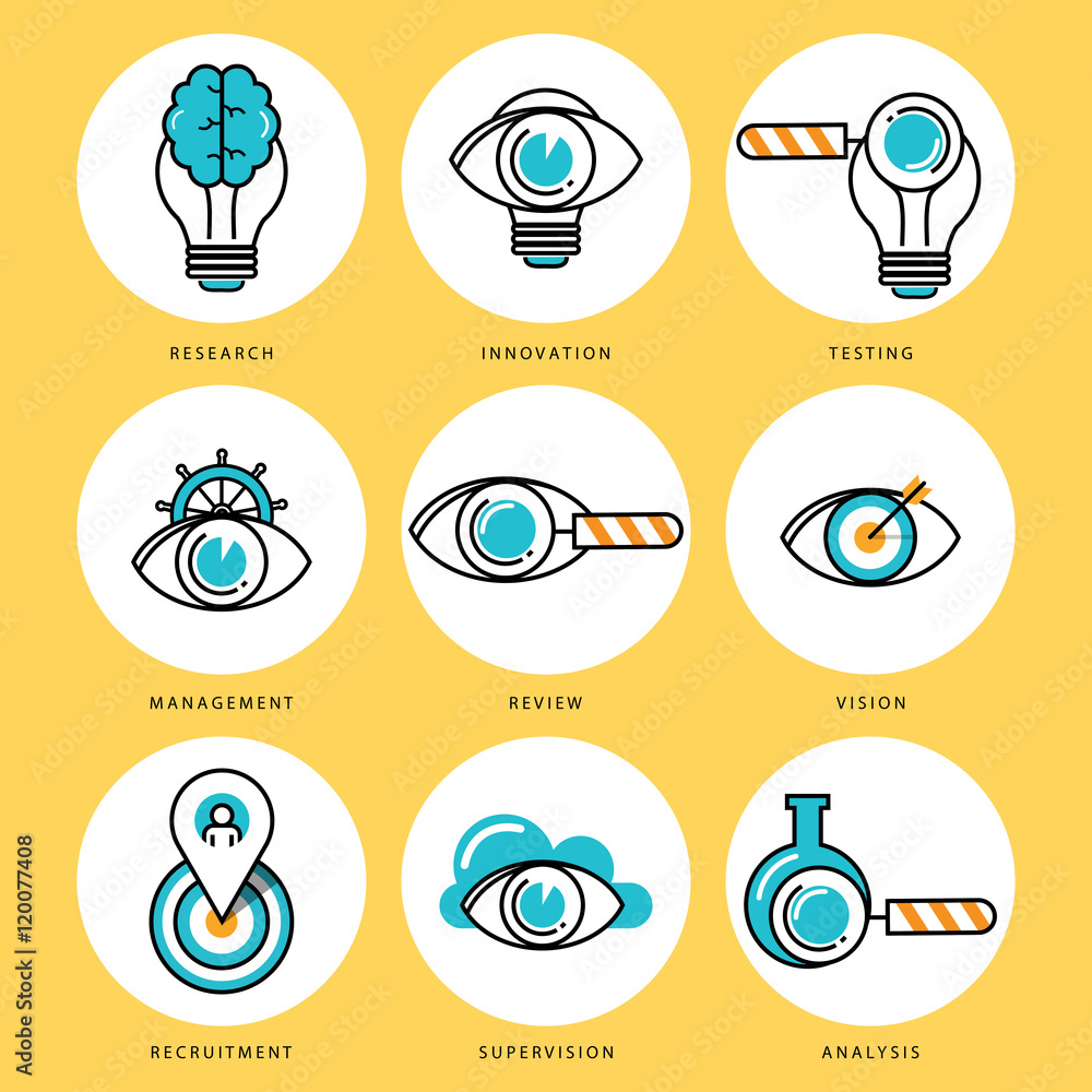 Poster stroke line icons set for job recruitment and evaluation. corporate management flat linear pictogram