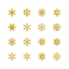 Collection of golden snowflakes on a white background
