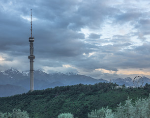 Snowy mountain peaks.Mountain landscape.Coniferous forest.TV Tower