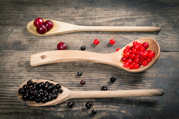viburnum, black currant and cherry in wooden spoons