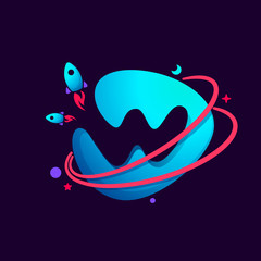 Letter W logo with planet, rocket and orbits lines.