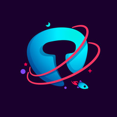 Letter T logo with planet, rocket and orbits lines.