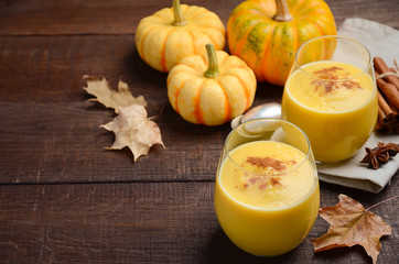 Pumpkin smoothie with spices, selective focus, copy space