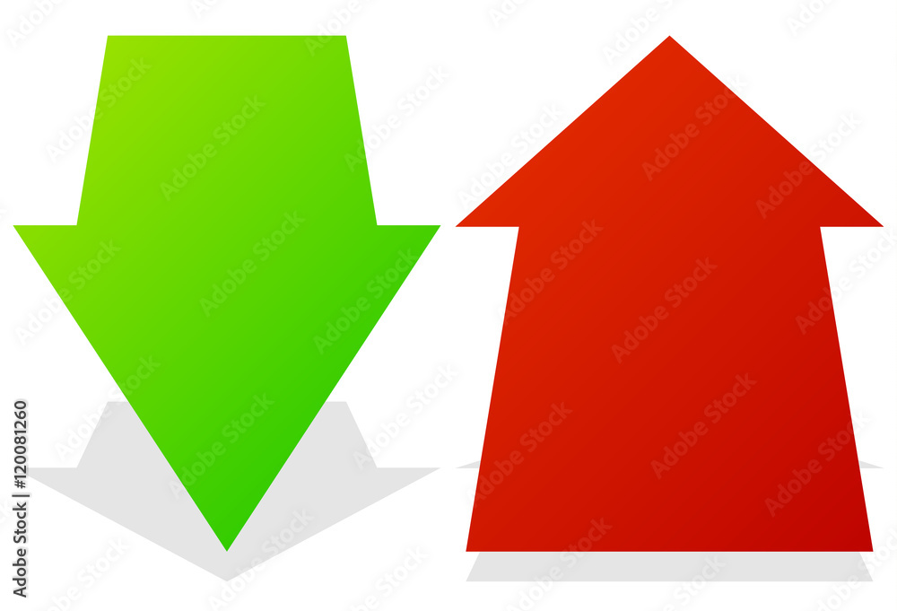 Poster set of 3d up down arrows in perspective. green, red arrows.