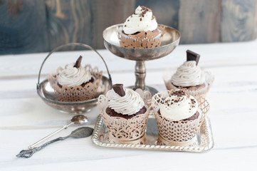 Five delicious cupcakes with chocolate chips