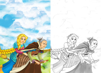 Cartoon fairy tale scene with princess flying on the broomstick with the witch - beautiful manga girl - with coloring page - illustration for children © honeyflavour