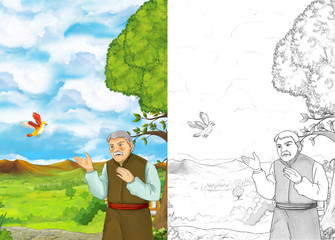 Cartoon scene with young man walking in some garden - older man - some villager - with coloring page - illustration for children