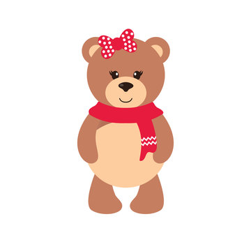 cartoon winter bear with a scarf and bow on a white background