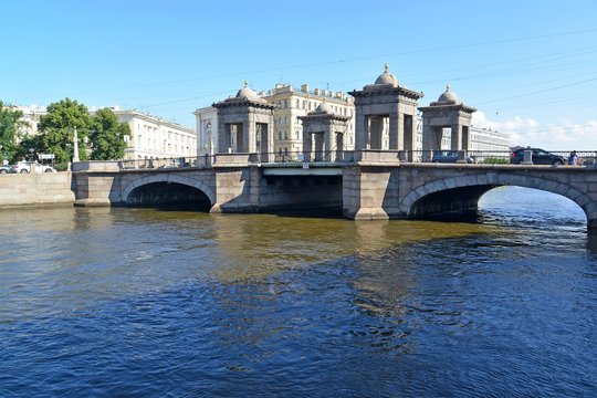 View of Lomonosovsky Bridge through Fontanka River. St. Petersbu