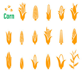 Vector set of icons and logos with corn on a white background.