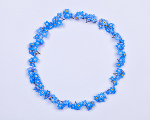 Flat lay. Blue forget-me-not flowers arranged on a circle