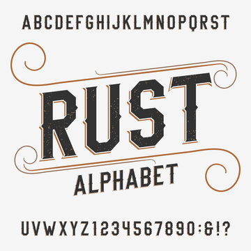 Vintage Rust Alphabet Font. Distressed Effect Letters And Numbers On A Bright Background. Retro Vector Typeface For Labels, Flyers, Headlines, Posters Etc.