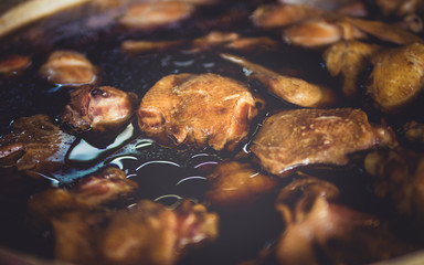 Close up of chicken Stew  Thai food called "kai pa low". street food in Thailand. with vintage filter