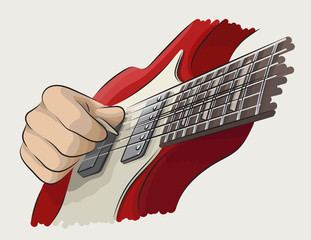Playing guitar colored illustration. Right hand picking string.