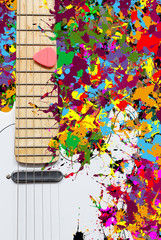 white electric guitar on splashing vibrant & colorful background. concept = music is unlimited creative art