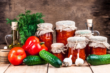Obraz na płótnie Canvas homemade canned vegetables in jars