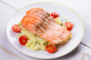 Salmon, Tomato and Smashed Potato with  Spring Onion and Coriander