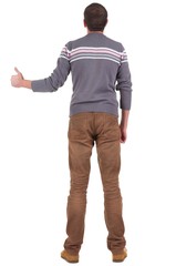 Naklejka premium Back view of man in sweater shows thumbs up. Rear view people collection. backside view of person. Isolated over white background.
