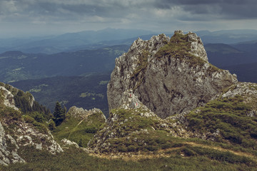 Naklejka premium Hiking trails up in the Piatra Mare Mountain, Romania.