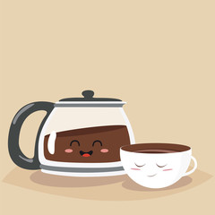 Funny cup of coffee and funny coffee pot. Friend forever. Vector illustration. Comic character