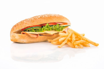 Sandwich with ham and french fries isolated on a white background